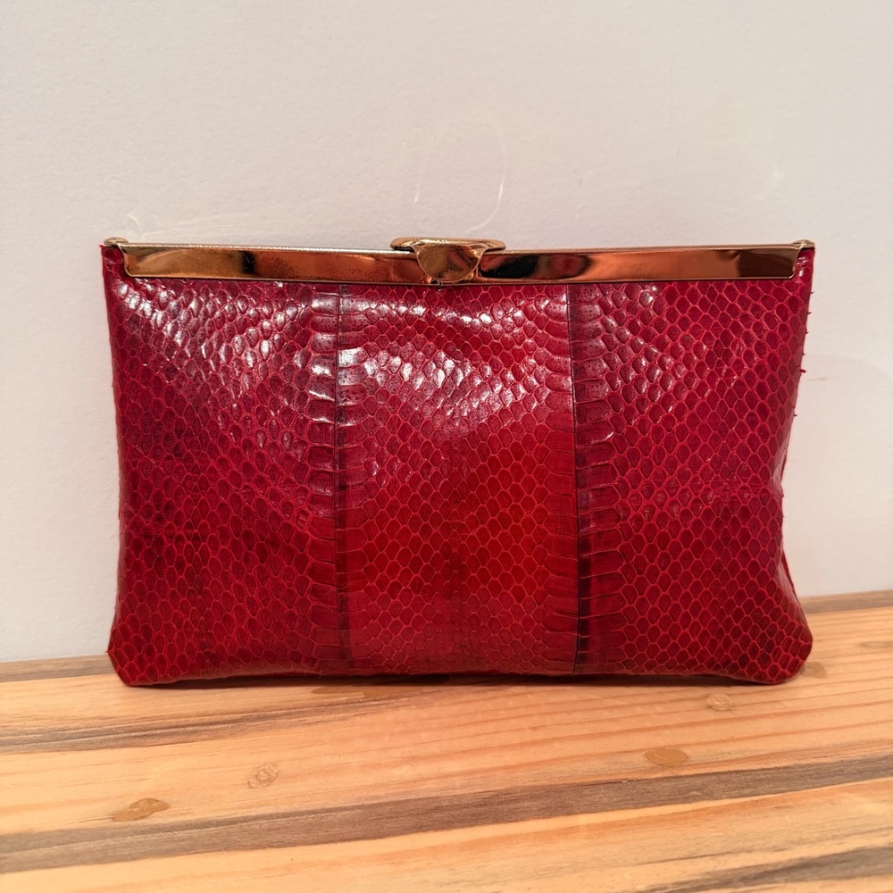 Vintage 1960s Etra Red Snakeskin Clutch Purse with Gold Frame